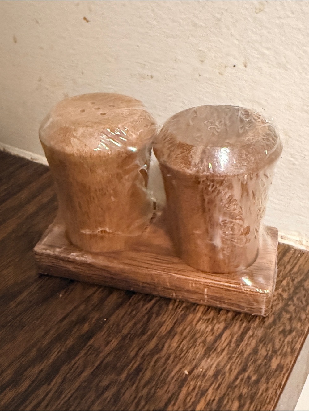 Wooden Salt and Pepper Shakers on Tray - Natural Brown